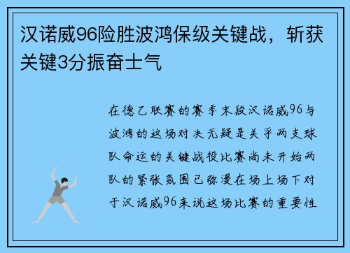 汉诺威96险胜波鸿保级关键战，斩获关键3分振奋士气